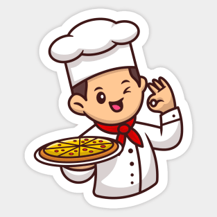 Cute Chef With Pizza Cartoon Vector Icon Illustration Sticker